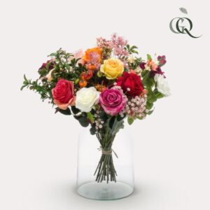 Kunstboeket Flame Roses – met de hand gebonden kunstrozenboeket – ±45 cm